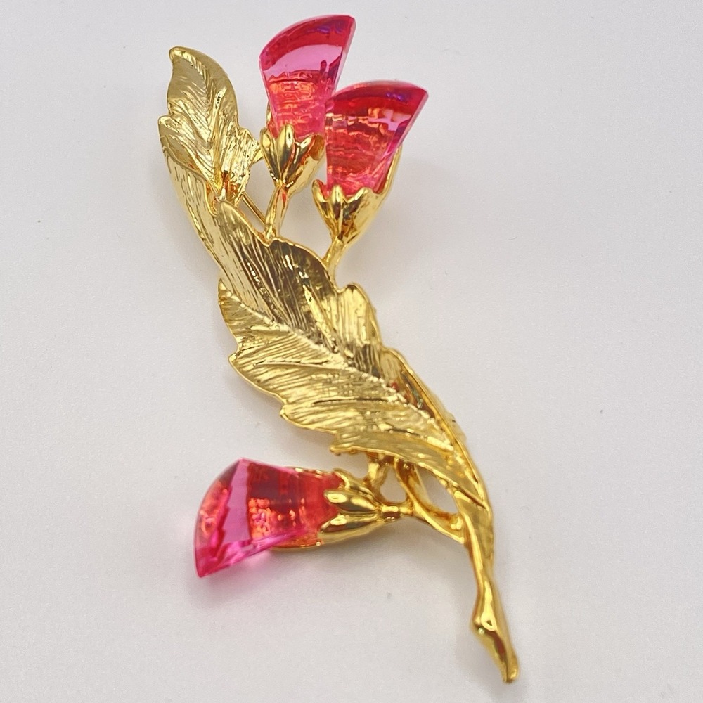 Park Lane Gold Tone Brooch Art Deco Pink Lucite Flower 2.25"